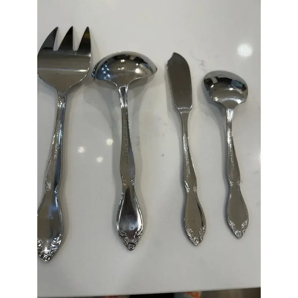 Vtg 4 Pc Serving Utensils “T” Monogram Custom Made Floral Stainless Flatware EUC